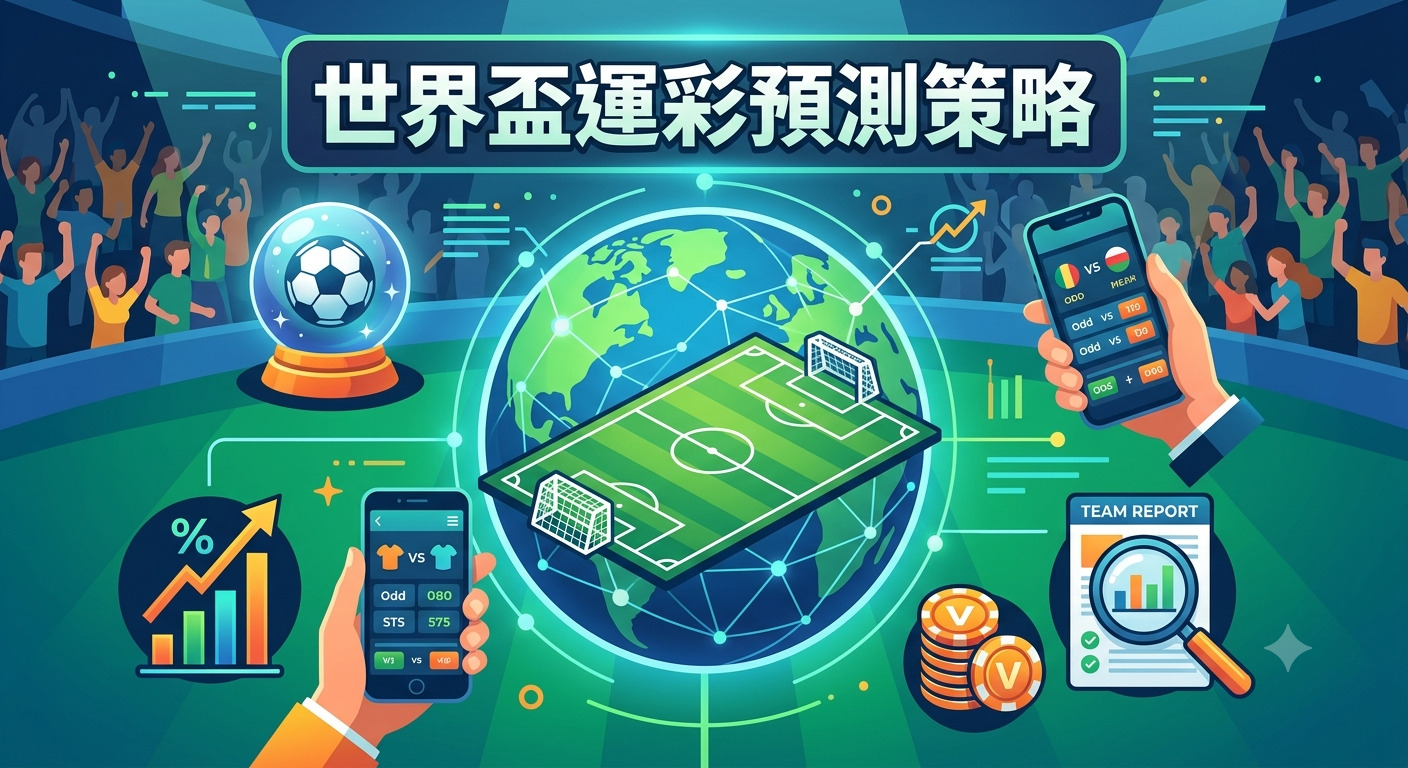 這張圖片呈現了世界盃運彩預測的主題，中央為足球場與地球的結合，周圍環繞著手機投注介面、統計圖表與分析報告等元素。 畫面上方醒目地展示了「世界盃運彩預測策略」的標題，整體風格專業且具科技感。