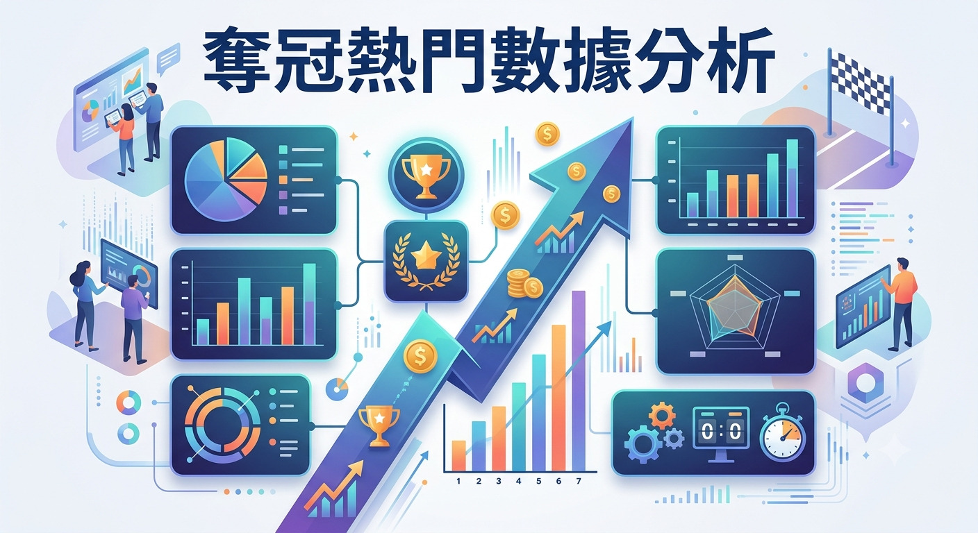 這張圖片呈現了「奪冠熱門數據分析」的視覺化主題，透過圖表、獎盃與上升的趨勢箭頭，精準傳達數據洞察與冠軍預測的意象。 整體設計簡潔明瞭，結合了專業的數據統計元素與競賽情境，並以清晰的標題作為視覺核心。