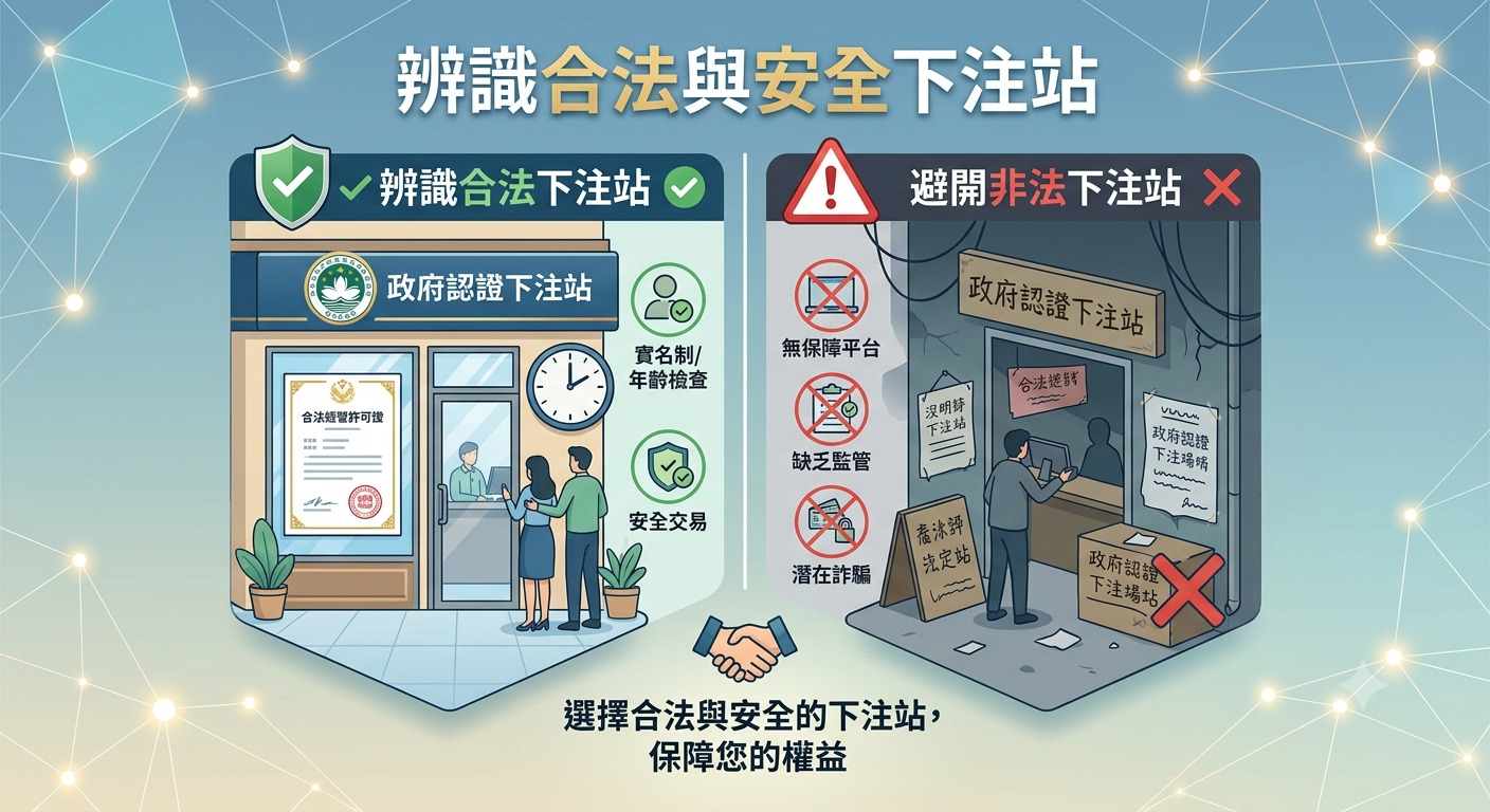 這張圖表對比了合法與非法下注站的特徵，提醒大眾選擇合法平台以保障個人權益。 透過區分受政府認證的正規場所與缺乏監管的風險網站，協助使用者辨識並遠離非法下注行為。