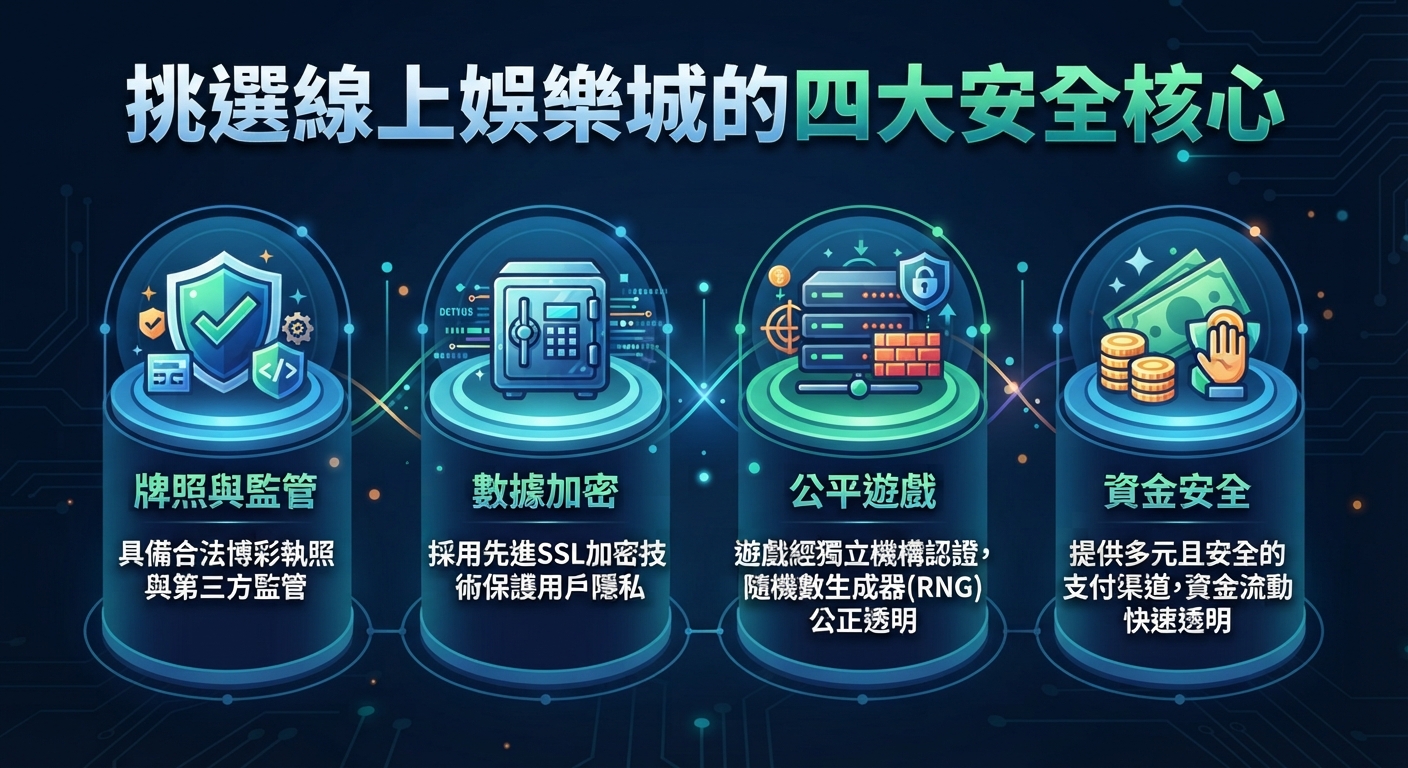 這張圖片展示了挑選線上娛樂城的四大安全核心，包括牌照與監管、數據加密、公平遊戲以及資金安全。 整體設計採用科技感藍色調，並以圖示搭配文字清楚列出各項核心要點。