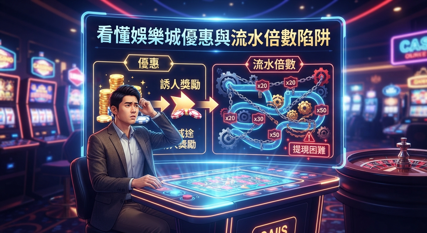 這張圖片展示了一位男子在娛樂城內看著顯示著「看懂娛樂城優惠與流水倍數陷阱」的大型螢幕。 螢幕上以圖表和鎖鏈視覺化地剖析了誘人獎勵背後的流水倍數與提現困難等陷阱。